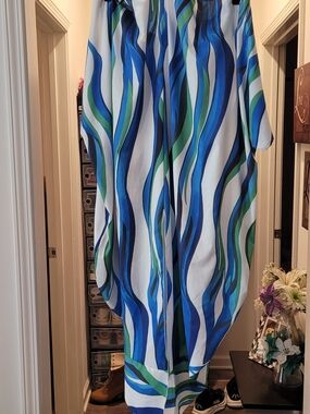 Blue & Green Wave Print Kimono Cover-Up